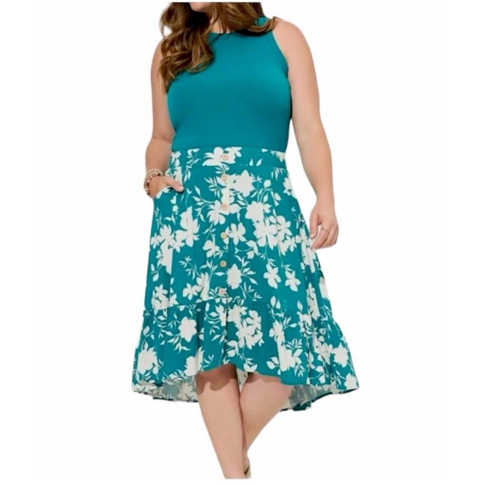 Torrid Lenny Floral Topical Hi Low Tiered A-Line Midi Skirt Boho Teal 2X‎